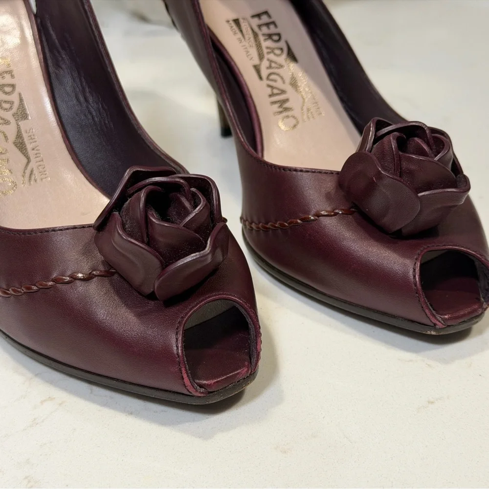 Salvatore Ferragamo Dark Red Peep-Toe Heels - Picture 3 of 10